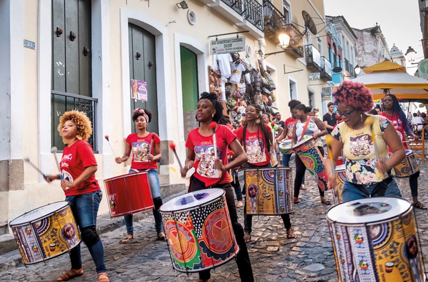 All-female samba-reggae band Didá parade through Salvador’s picturesque cobbled streets 